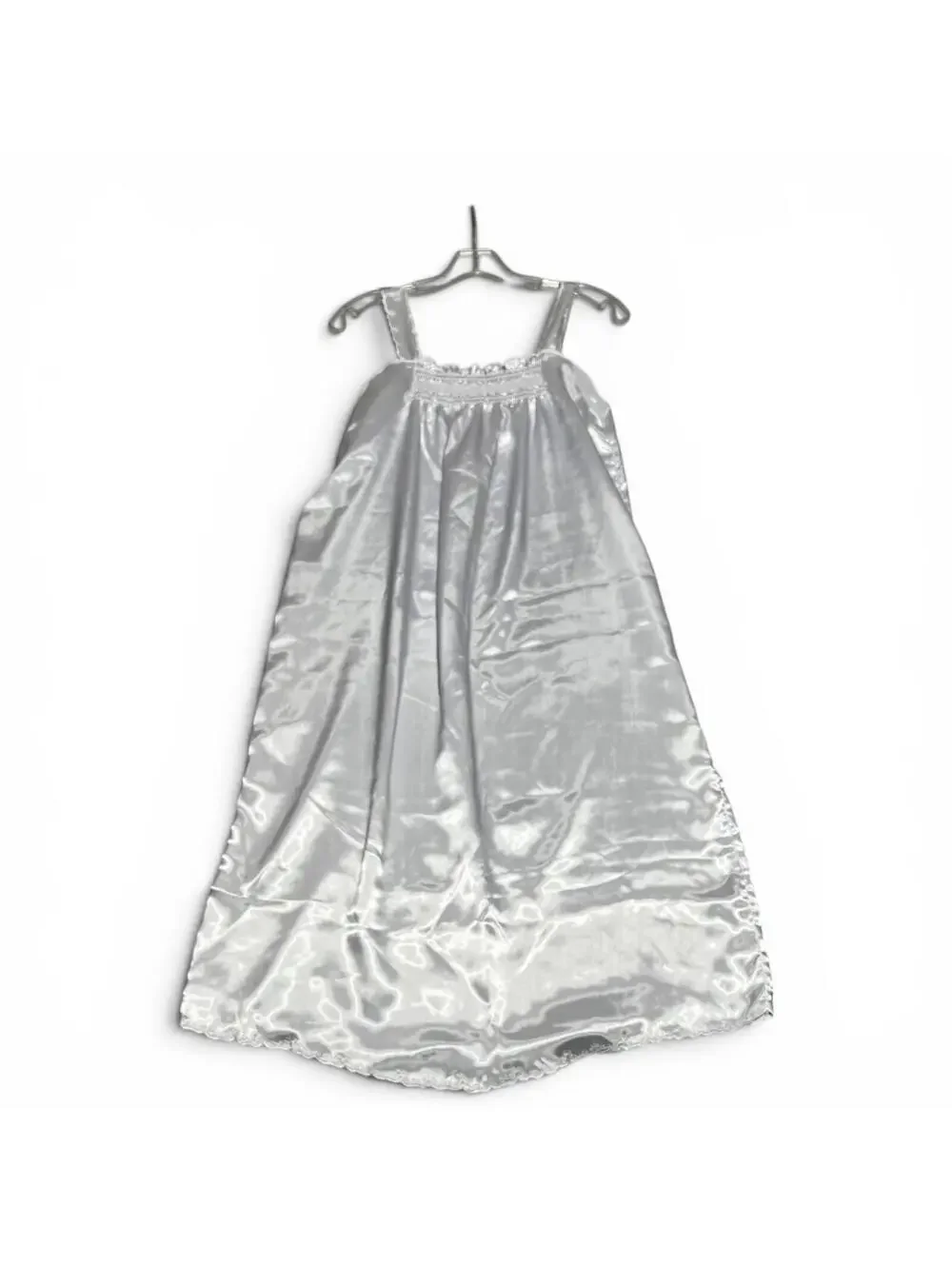 Vintage Silver Satin Lace Trim Robe and Nightgown Set